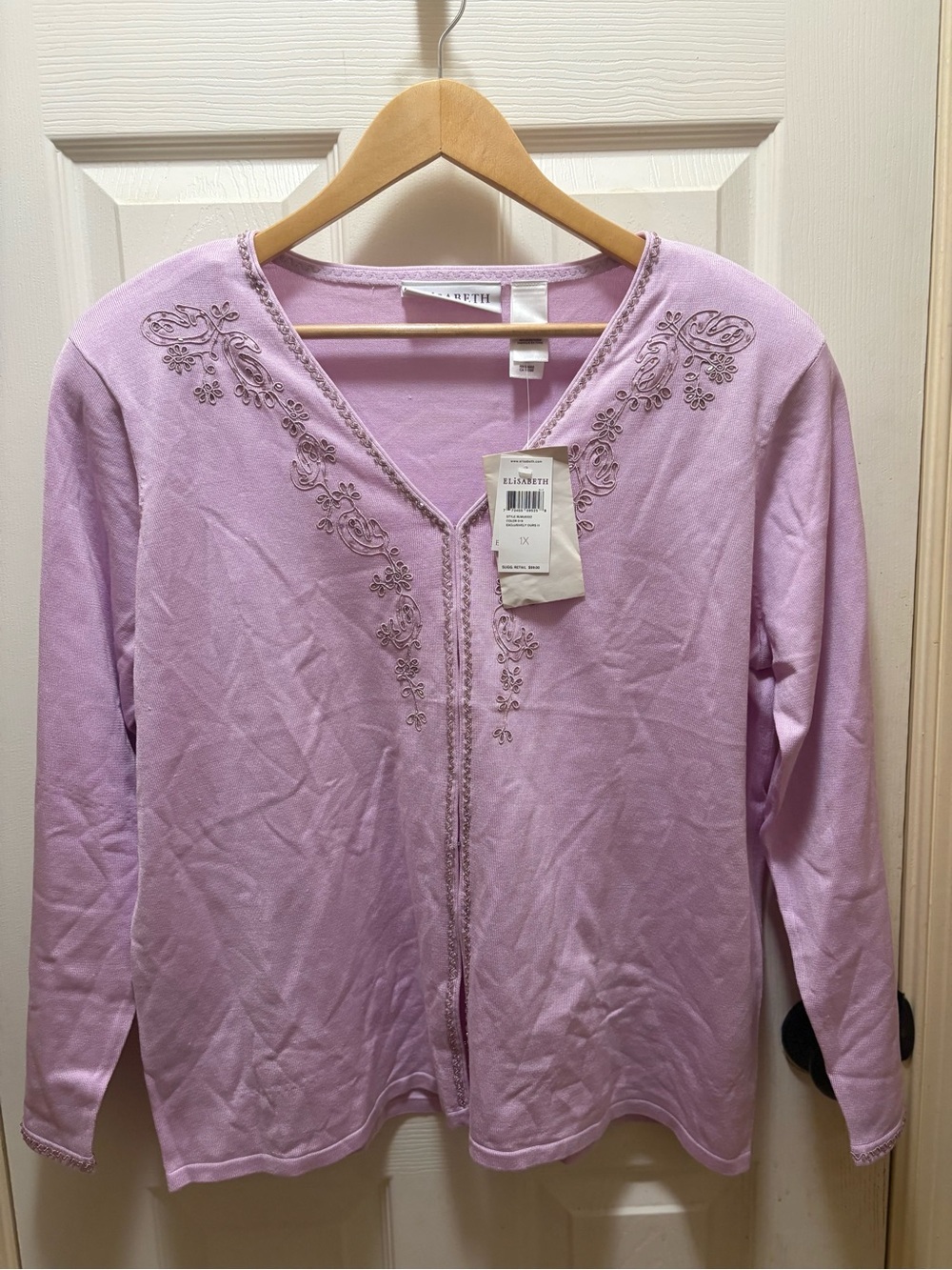 NWT Elisabeth 1X Lavender Cardigan Silk Blend Embellished Embroidered Sweater
